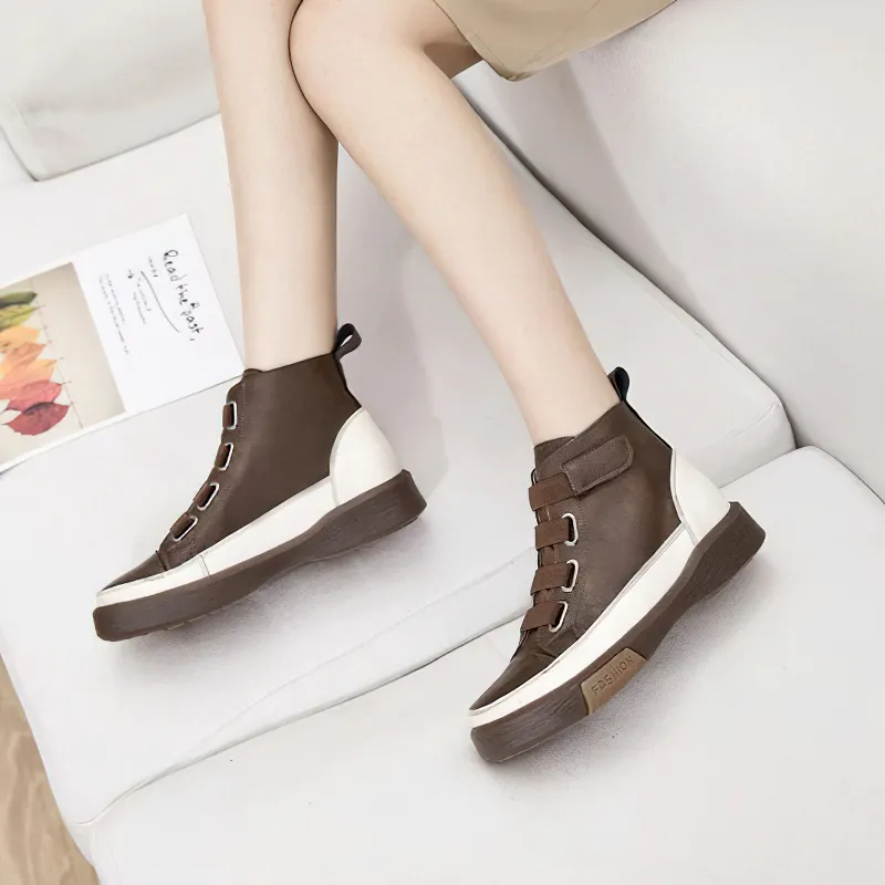 Women's Genuine Leather Sneakers / Trend Round Toe Flat Footwear
