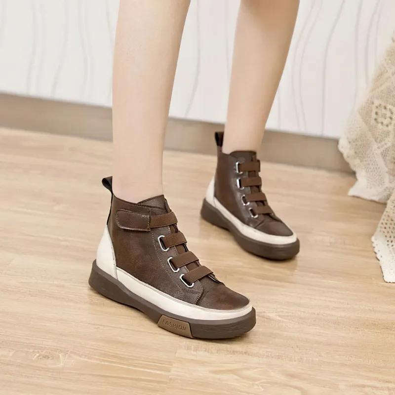 Women's Genuine Leather Sneakers / Trend Round Toe Flat Footwear