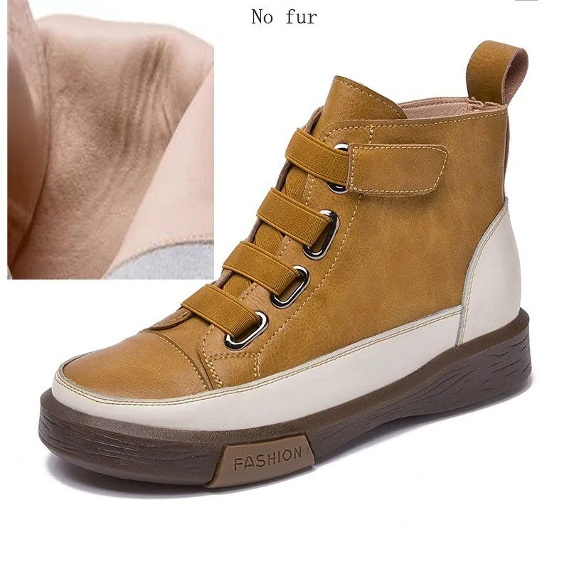 Women's Genuine Leather Sneakers / Trend Round Toe Flat Footwear