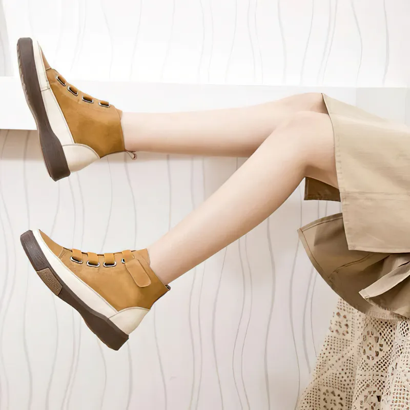 Women's Genuine Leather Sneakers / Trend Round Toe Flat Footwear