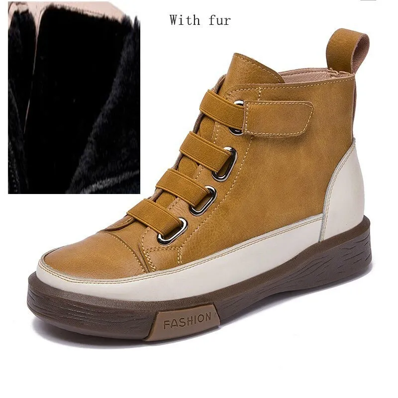Women's Genuine Leather Sneakers / Trend Round Toe Flat Footwear