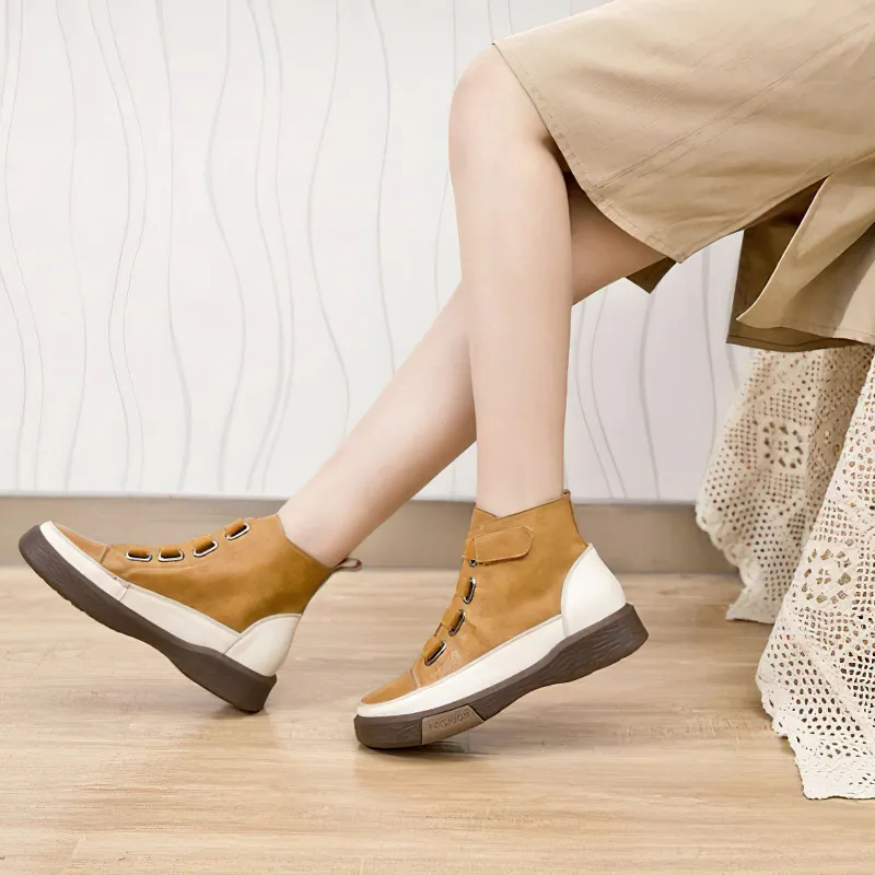 Women's Genuine Leather Sneakers / Trend Round Toe Flat Footwear