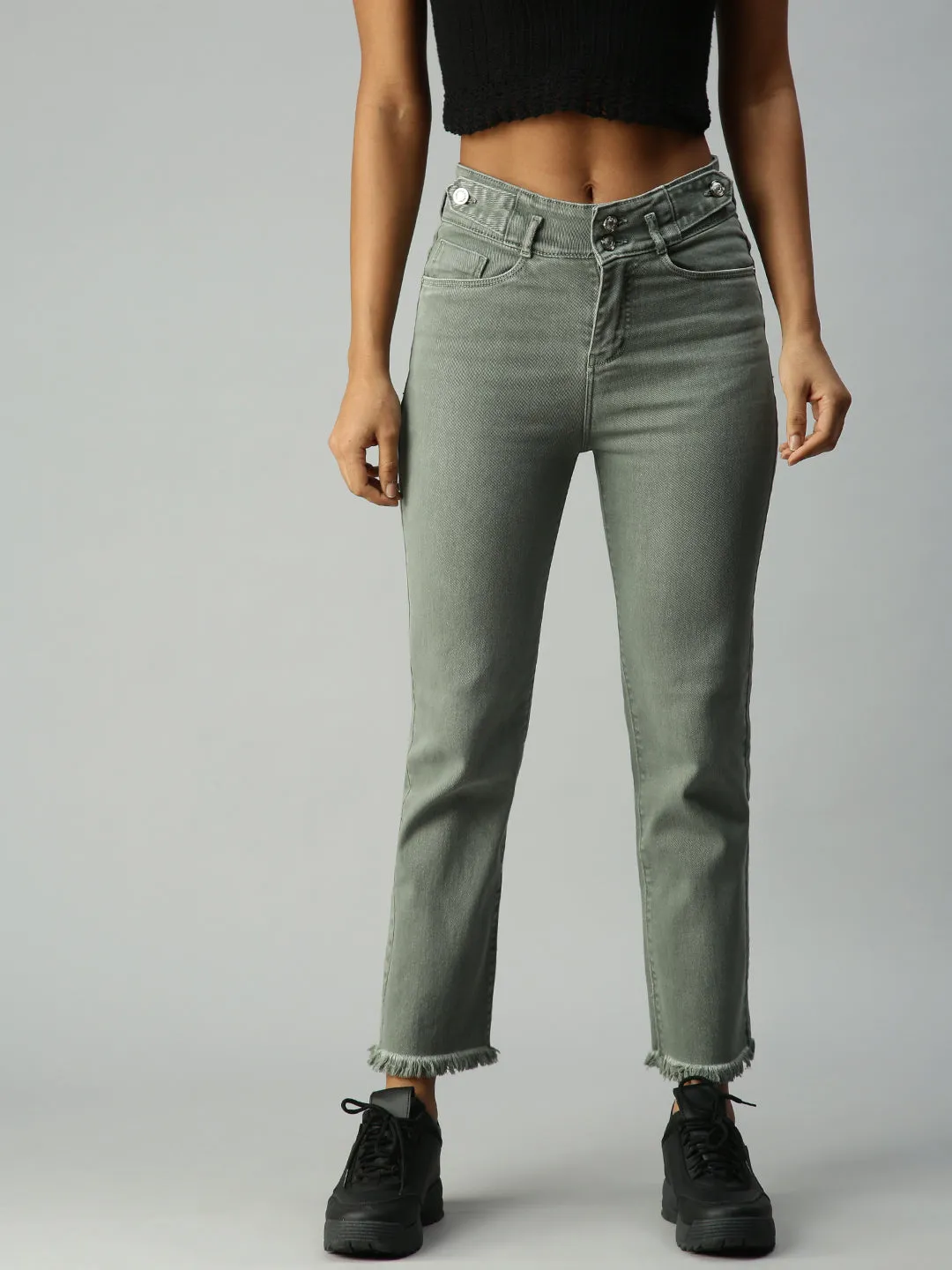 Women's Olive Solid Denim Straight Jeans