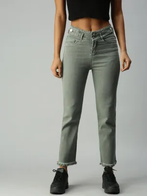 Women's Olive Solid Denim Straight Jeans