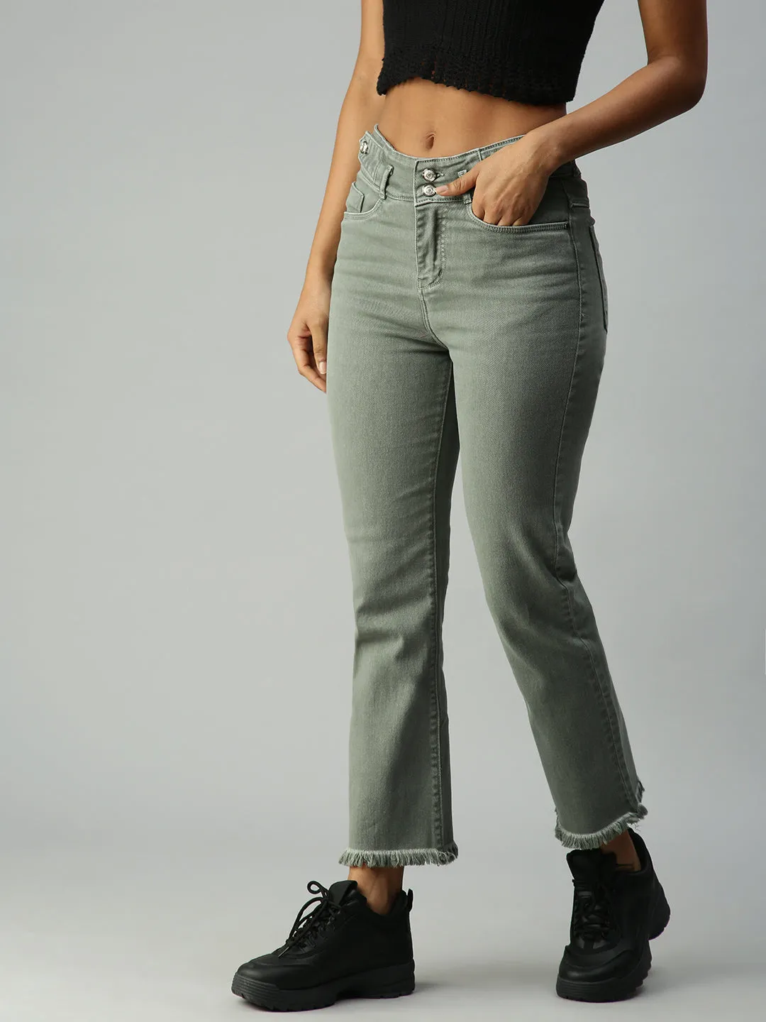 Women's Olive Solid Denim Straight Jeans