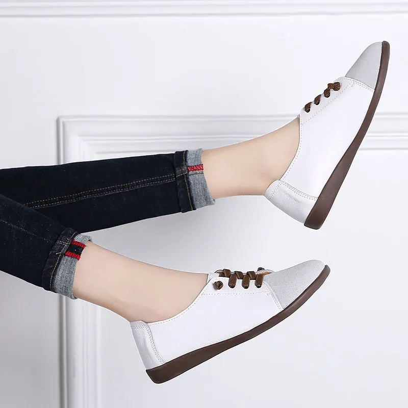 Women's PEIPAH Genuine Leather Shoes Slip On Ballet Oxford Flats