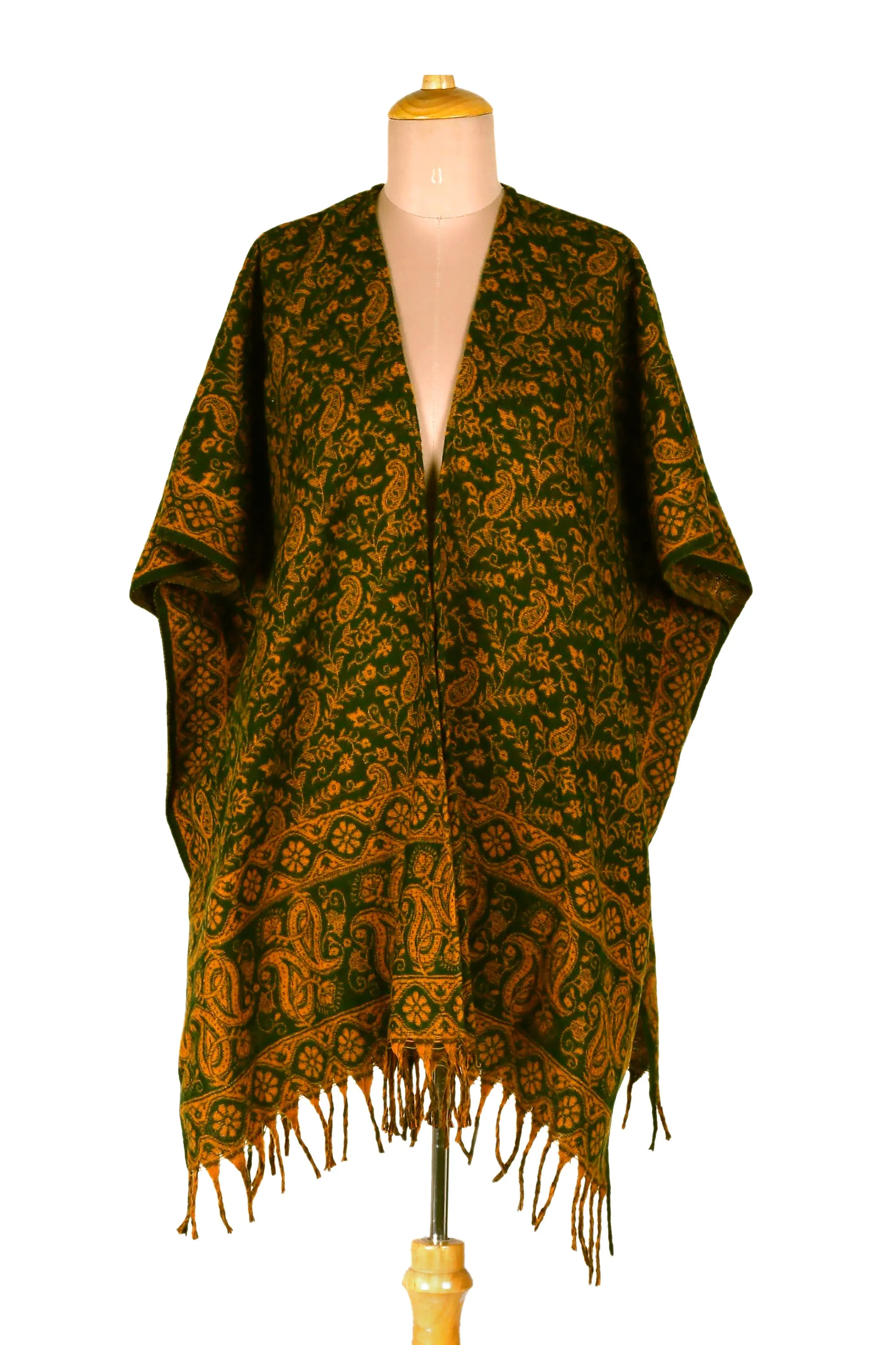 Yellow and Green Open Front Fringed Floral Ruana - Into the Green | NOVICA