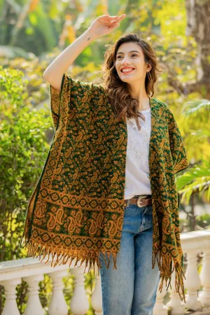 Yellow and Green Open Front Fringed Floral Ruana - Into the Green | NOVICA