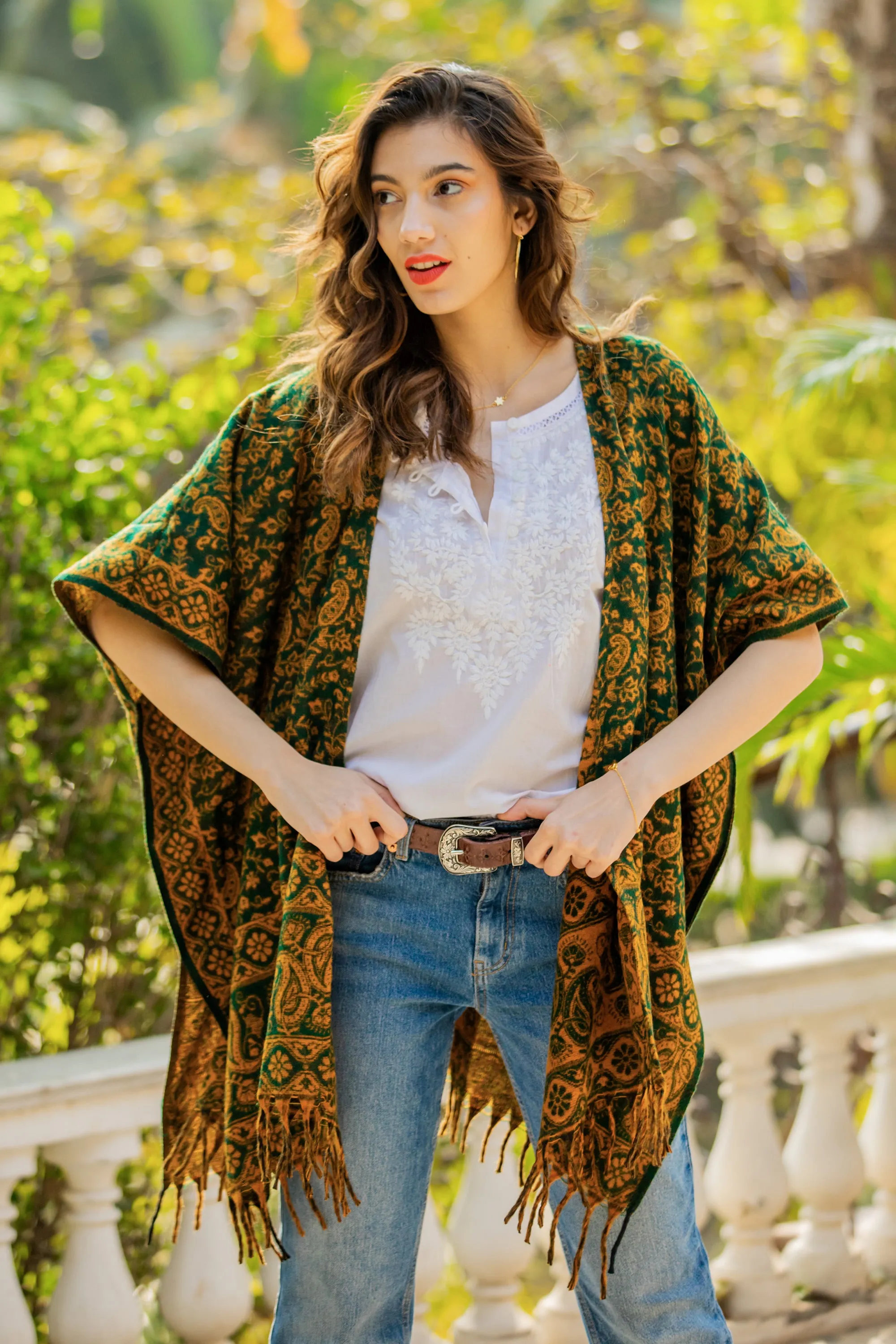 Yellow and Green Open Front Fringed Floral Ruana - Into the Green | NOVICA